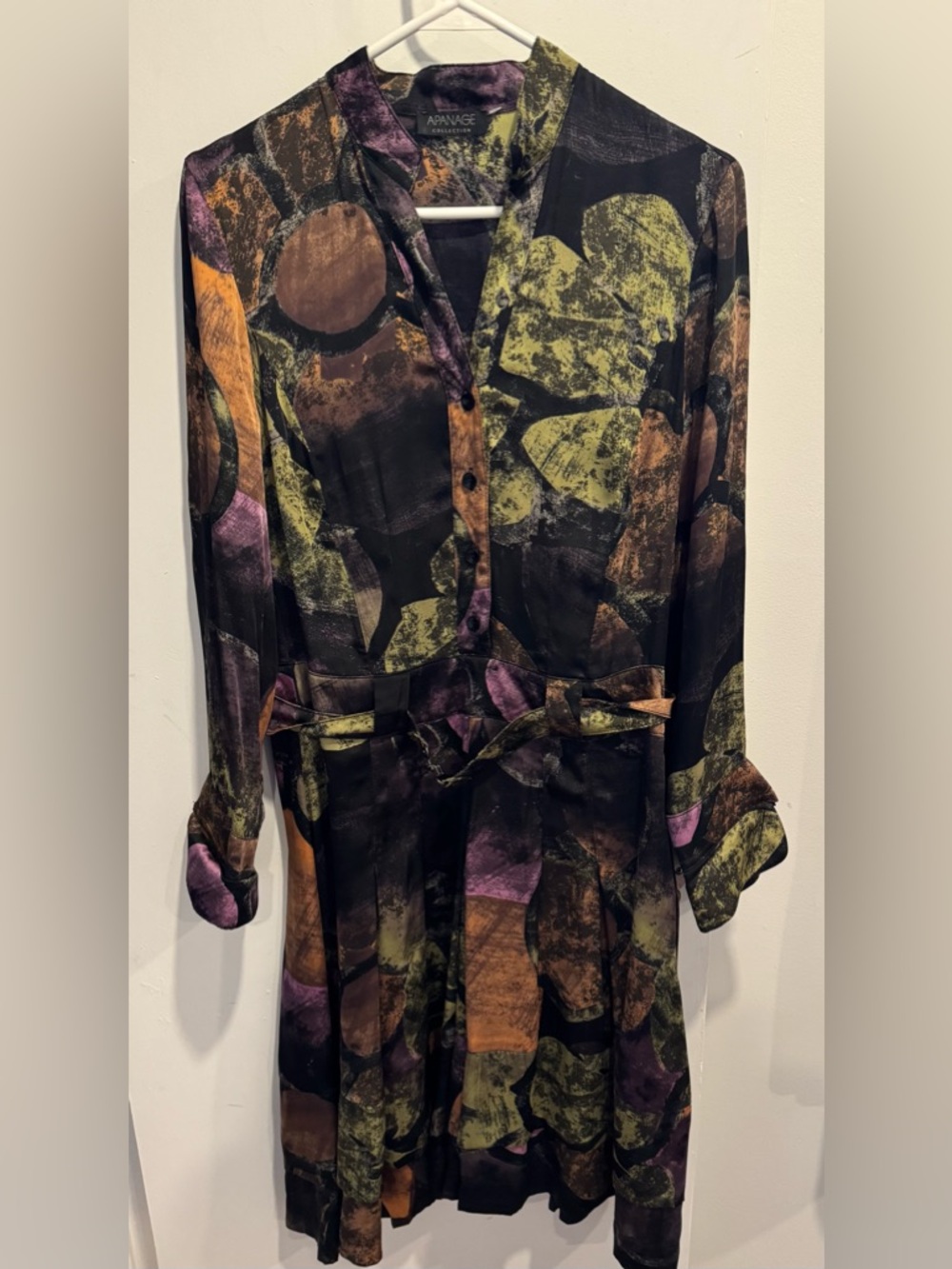 NWT Vintage Apanage shirt dress midi black floral print belted pleated party 8